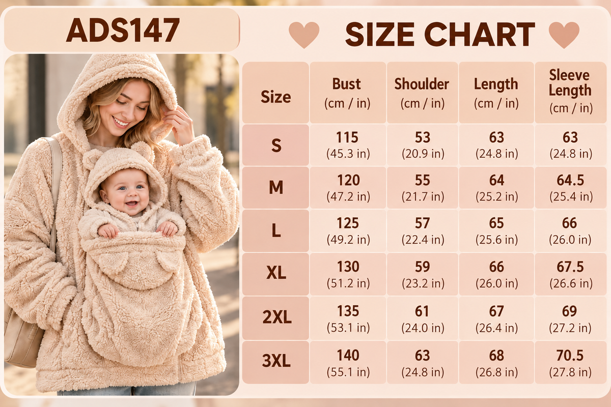Baby Carrier Hoodie size chart in centimeters and inches for S to 3XL